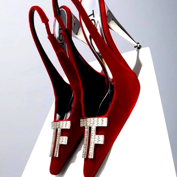 $1590 SOLD OUT RARE TOM FORD VELVET RED GLASS CRYSTAL HEELS!! Size 40, 9 or 9.5 - Picture 1 of 12